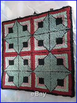 Antique Primitive1800 Americana Geometric Hand Hooked Rug Pillow Cover Folk Art