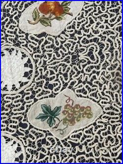 Antique beautiful linen lace tablecloth pictorial embroidered floral item167