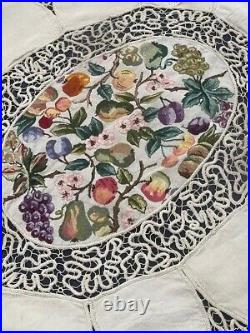 Antique beautiful linen lace tablecloth pictorial embroidered floral item167