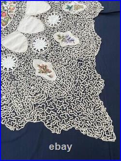 Antique beautiful linen lace tablecloth pictorial embroidered floral item167