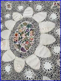 Antique beautiful linen lace tablecloth pictorial embroidered floral item167