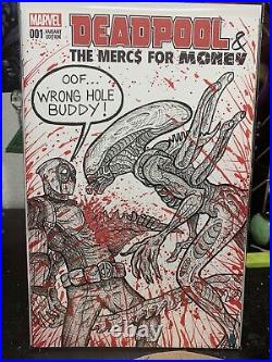 Comic book sketch cover original art Deadpool vs xenomorph alien