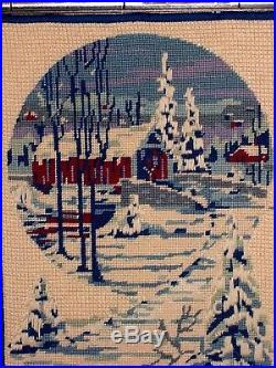 Covered Bridge Night Snow Winter Landscape Original Needlepoint Crewel Christmas