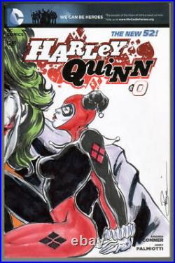 DC Sketch Cover New 52 HARLEY QUINN #0 w HARLEY & JOKER Original Art DAMON BOWIE