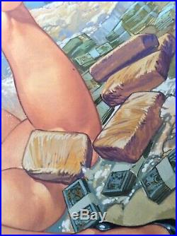 Female Original Art Pinup Oil Painting Erotic Pulp Cover Drugs Money Narcos Cash