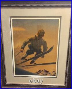Fred Machetanz Rare Original Painting Alaska Art Skiing Red Cross Cover AK