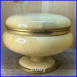 ITALIAN Marble Onix Alabaster Gilt Gold Metal Hinged Lid Round Casket BOX Jar