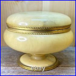 ITALIAN Marble Onix Alabaster Gilt Gold Metal Hinged Lid Round Casket BOX Jar