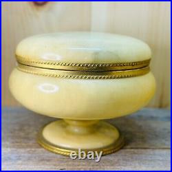 ITALIAN Marble Onix Alabaster Gilt Gold Metal Hinged Lid Round Casket BOX Jar