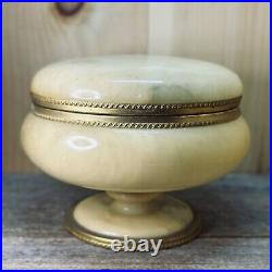 ITALIAN Marble Onix Alabaster Gilt Gold Metal Hinged Lid Round Casket BOX Jar