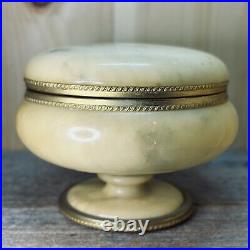 ITALIAN Marble Onix Alabaster Gilt Gold Metal Hinged Lid Round Casket BOX Jar