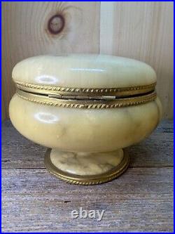 ITALIAN Marble Onix Alabaster Gilt Gold Metal Hinged Lid Round Casket BOX Jar