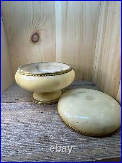 ITALIAN Marble Onix Alabaster Gilt Gold Metal Hinged Lid Round Casket BOX Jar