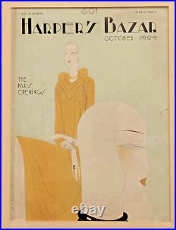 Original 1929 Harper's Bazar Magazine Cover Art Deco Leon Benigni Paris Opening