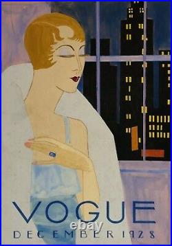 Original Art Deco Gouache Painting December 1928 Cover Of Vogue Edwardo Benito