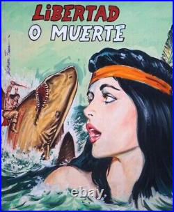 Original Illustration Mexican Pulp Cover Art Painting Woman In Peril From Shark