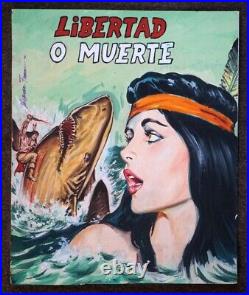 Original Illustration Mexican Pulp Cover Art Painting Woman In Peril From Shark