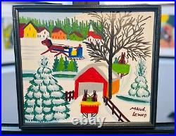Original Maud Lewis Painting Covered Bridge With Sleigh- 1966 14x12in