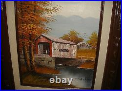 Original Michaelson Oil Painting On Board Covered Barn Bridge Country Decor