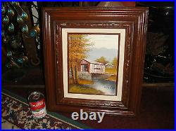 Original Michaelson Oil Painting On Board Covered Barn Bridge Country Decor