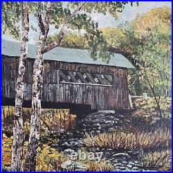 Original Painting Covered Bridge Country Fall Signed Boulanger Art Artwork Vtg