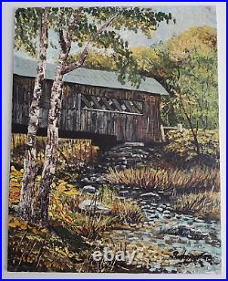 Original Painting Covered Bridge Country Fall Signed Boulanger Art Artwork Vtg