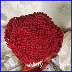 Vintage 1930s 1940s Red Crochet Hat Headpiece Crepe Hood Covers Hair Hollywood