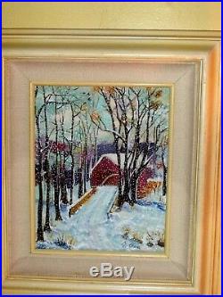 Vintage Original G Aken Painting Romantic Covered Bridge in Winter Snow Trees